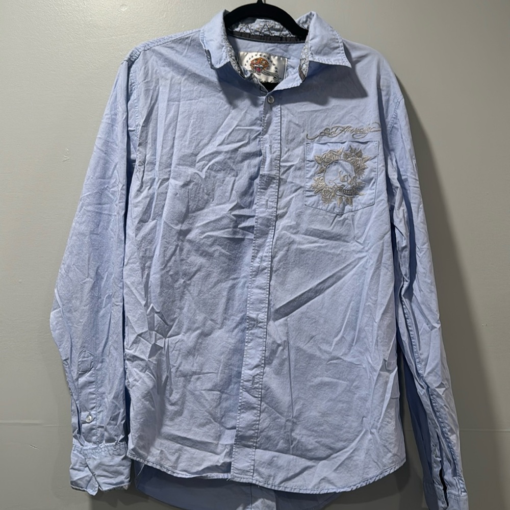 Ed Hardy Men Dress Shirt Blue Gingham Checkered Embroidered Skull medium